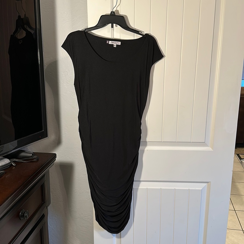 Black Jennifer Lopez ruched dress with gold zipper on left side
